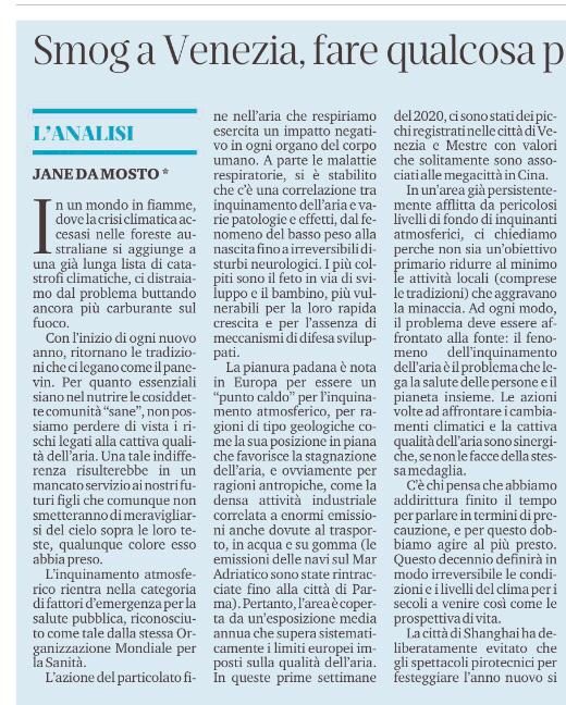 La Nuova Venezia 14.1.20: “Smog In Venice: Something Must Be Done To Limit Water Traffic”